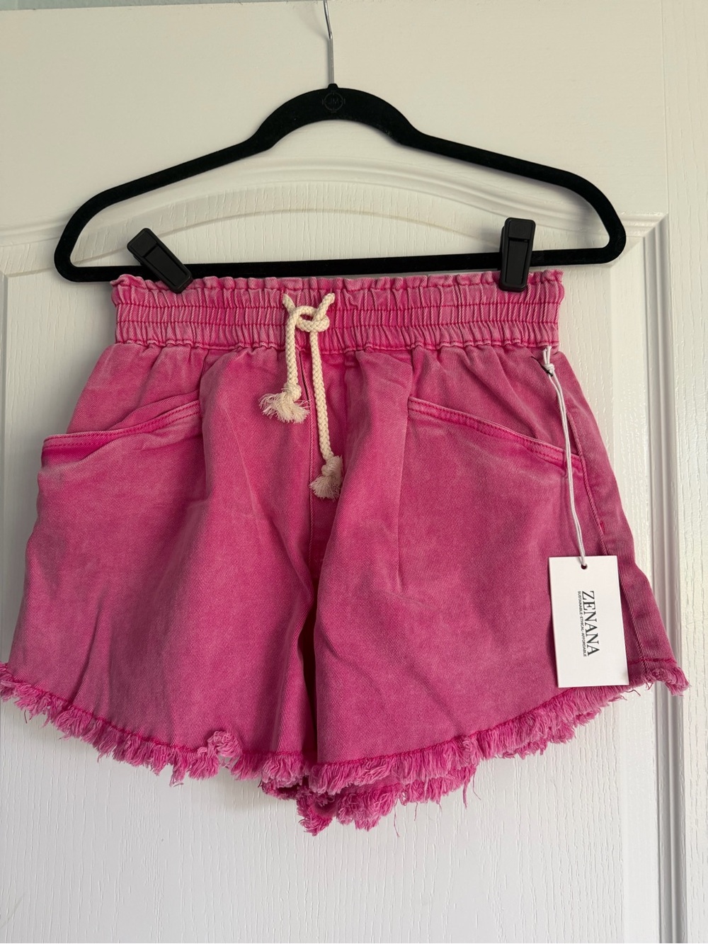 Zenana Outfitters Hot Pink Drawstring Frayed Hem Shorts